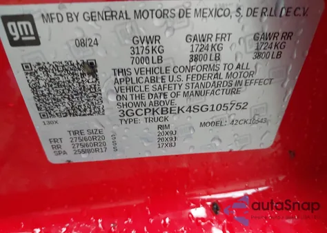 2025 Chevrolet Silverado K1500 Custom z USA, uszkodzony, nr VIN 3GCPKBEK4SG105752